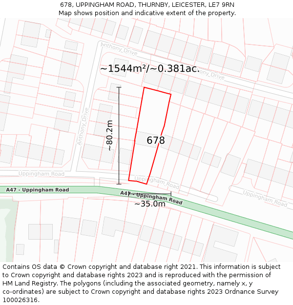 678, UPPINGHAM ROAD, THURNBY, LEICESTER, LE7 9RN: Plot and title map