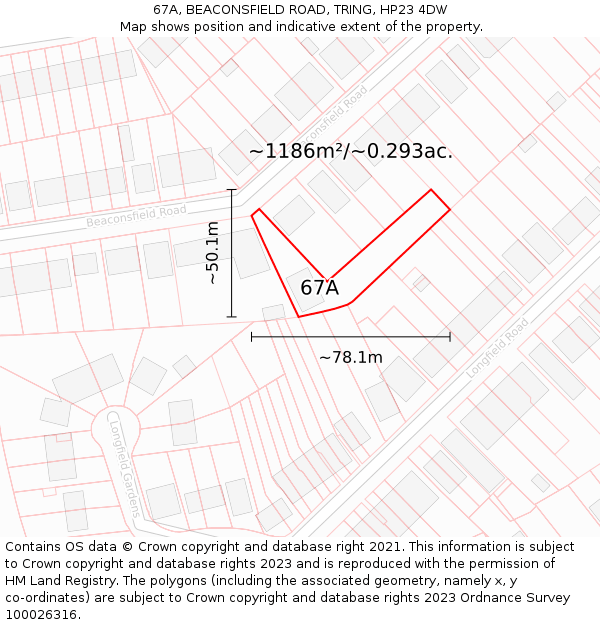 67A, BEACONSFIELD ROAD, TRING, HP23 4DW: Plot and title map