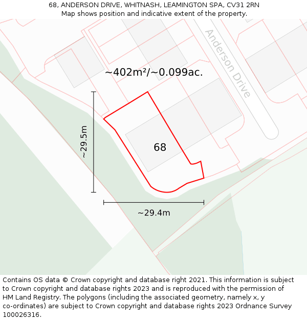 68, ANDERSON DRIVE, WHITNASH, LEAMINGTON SPA, CV31 2RN: Plot and title map