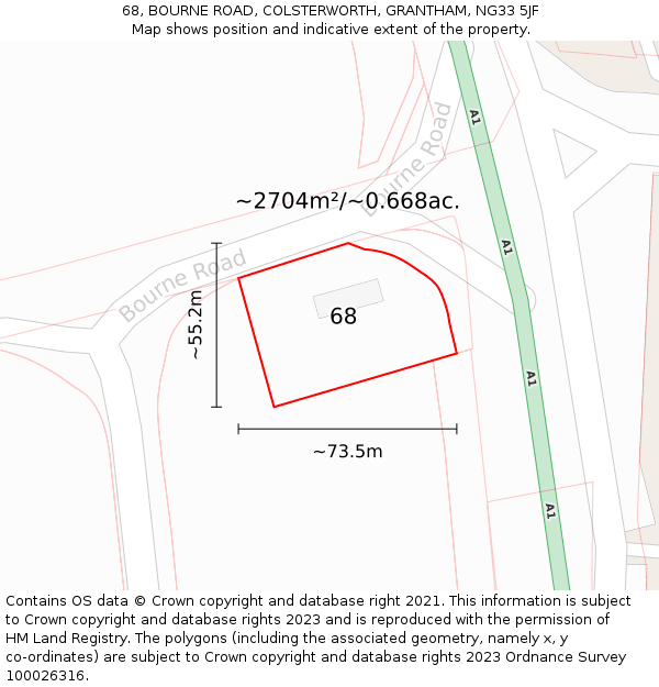 68, BOURNE ROAD, COLSTERWORTH, GRANTHAM, NG33 5JF: Plot and title map