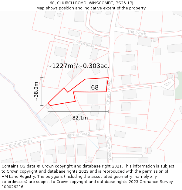 68, CHURCH ROAD, WINSCOMBE, BS25 1BJ: Plot and title map