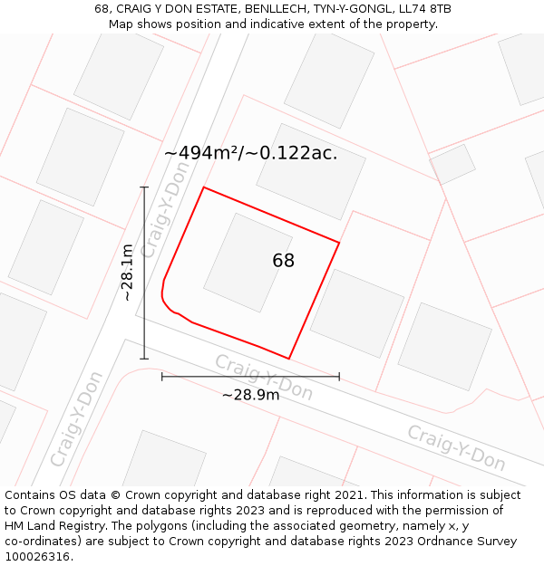 68, CRAIG Y DON ESTATE, BENLLECH, TYN-Y-GONGL, LL74 8TB: Plot and title map