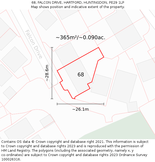 68, FALCON DRIVE, HARTFORD, HUNTINGDON, PE29 1LP: Plot and title map