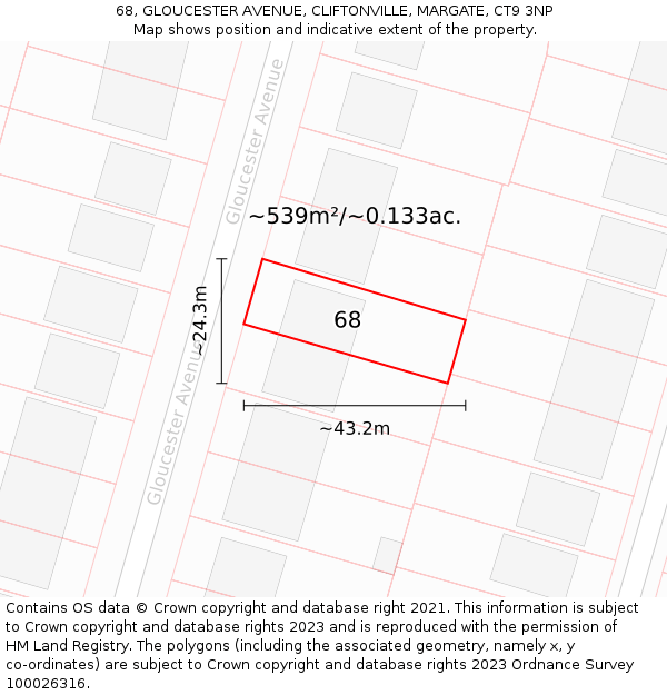 68, GLOUCESTER AVENUE, CLIFTONVILLE, MARGATE, CT9 3NP: Plot and title map