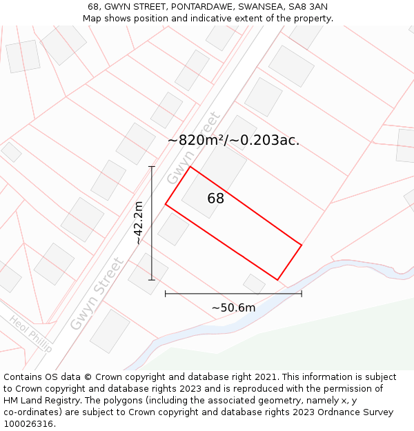 68, GWYN STREET, PONTARDAWE, SWANSEA, SA8 3AN: Plot and title map