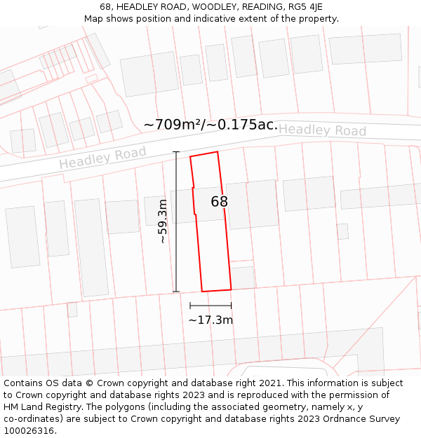 68, HEADLEY ROAD, WOODLEY, READING, RG5 4JE: Plot and title map