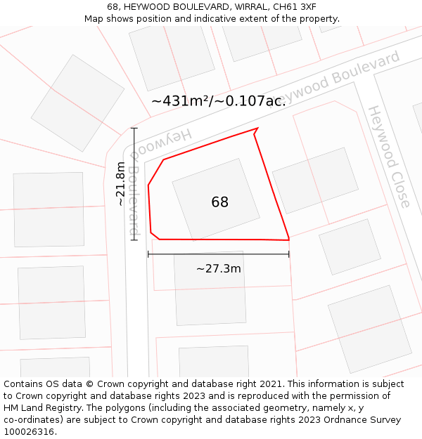 68, HEYWOOD BOULEVARD, WIRRAL, CH61 3XF: Plot and title map