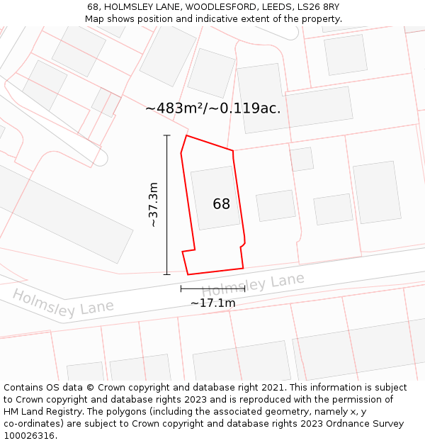 68, HOLMSLEY LANE, WOODLESFORD, LEEDS, LS26 8RY: Plot and title map