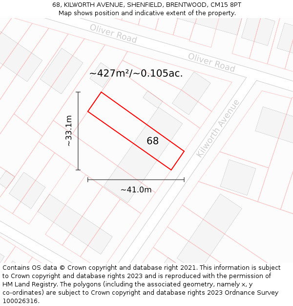 68, KILWORTH AVENUE, SHENFIELD, BRENTWOOD, CM15 8PT: Plot and title map