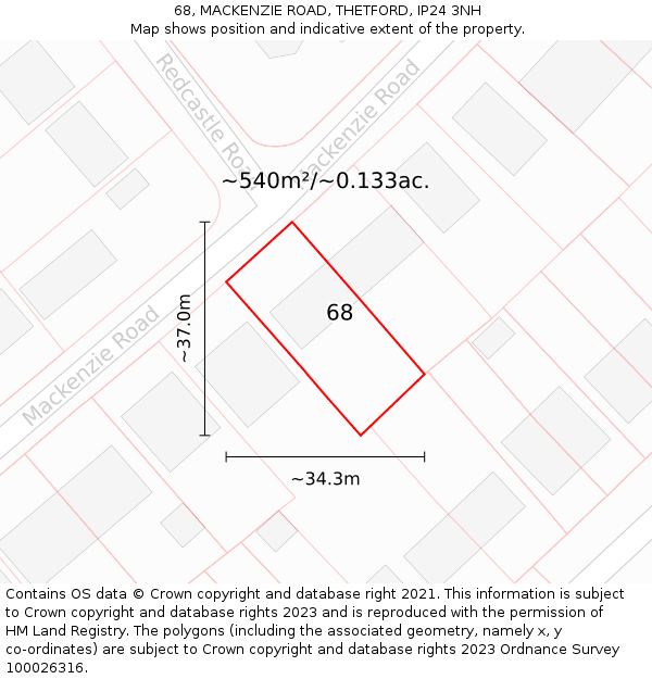 68, MACKENZIE ROAD, THETFORD, IP24 3NH: Plot and title map