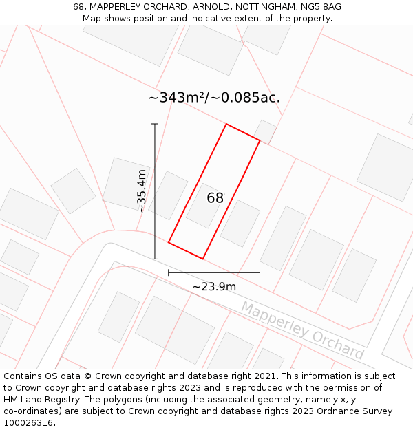 68, MAPPERLEY ORCHARD, ARNOLD, NOTTINGHAM, NG5 8AG: Plot and title map