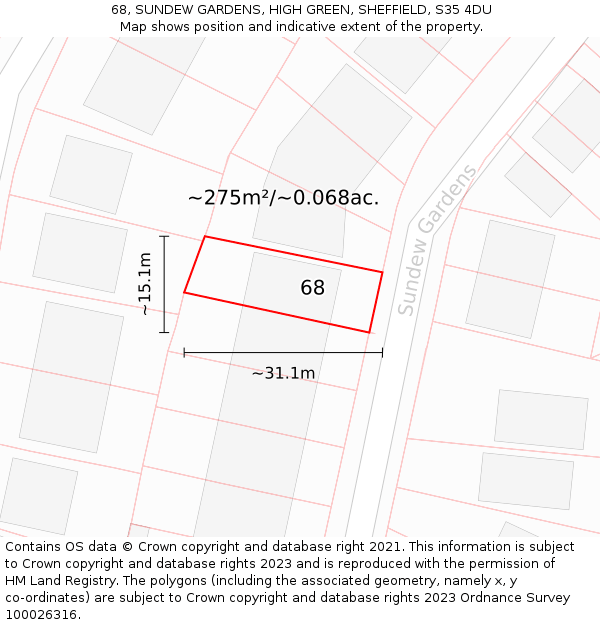 68, SUNDEW GARDENS, HIGH GREEN, SHEFFIELD, S35 4DU: Plot and title map