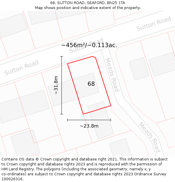 68, SUTTON ROAD, SEAFORD, BN25 1TA: Plot and title map