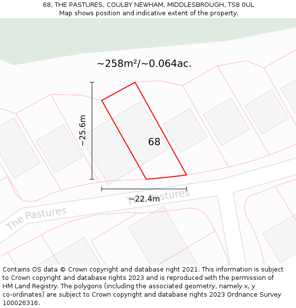 68, THE PASTURES, COULBY NEWHAM, MIDDLESBROUGH, TS8 0UL: Plot and title map