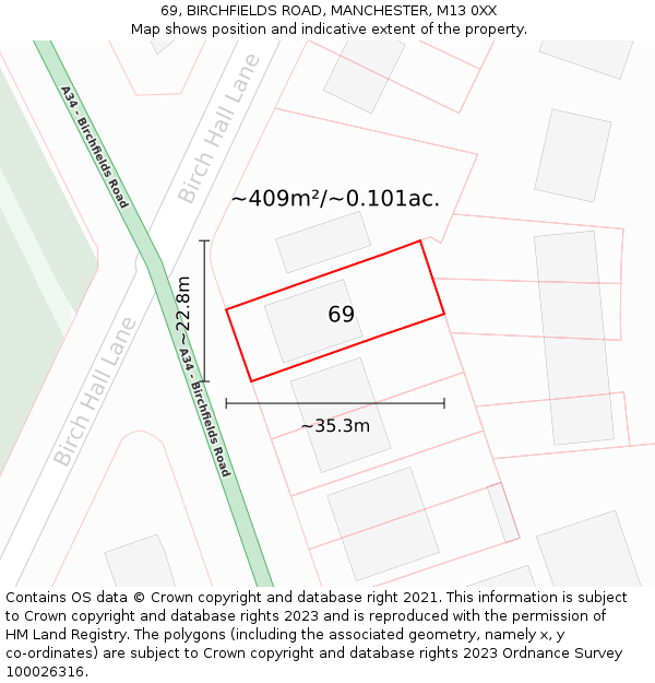 69, BIRCHFIELDS ROAD, MANCHESTER, M13 0XX: Plot and title map