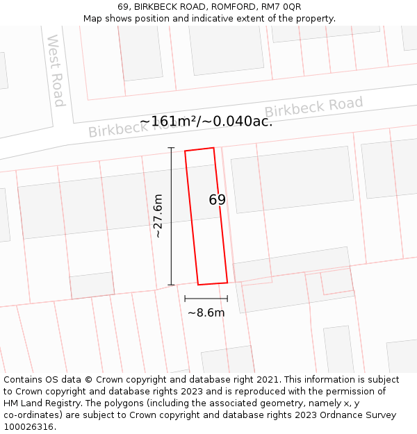 69, BIRKBECK ROAD, ROMFORD, RM7 0QR: Plot and title map