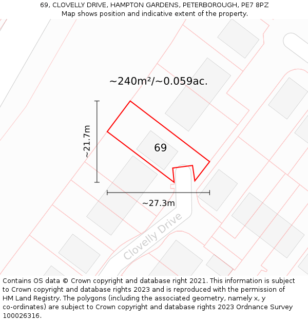 69, CLOVELLY DRIVE, HAMPTON GARDENS, PETERBOROUGH, PE7 8PZ: Plot and title map