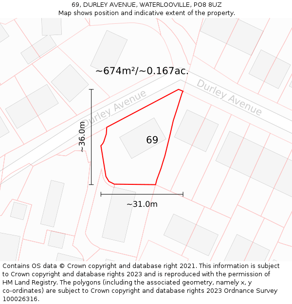 69, DURLEY AVENUE, WATERLOOVILLE, PO8 8UZ: Plot and title map