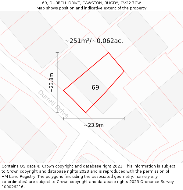 69, DURRELL DRIVE, CAWSTON, RUGBY, CV22 7GW: Plot and title map