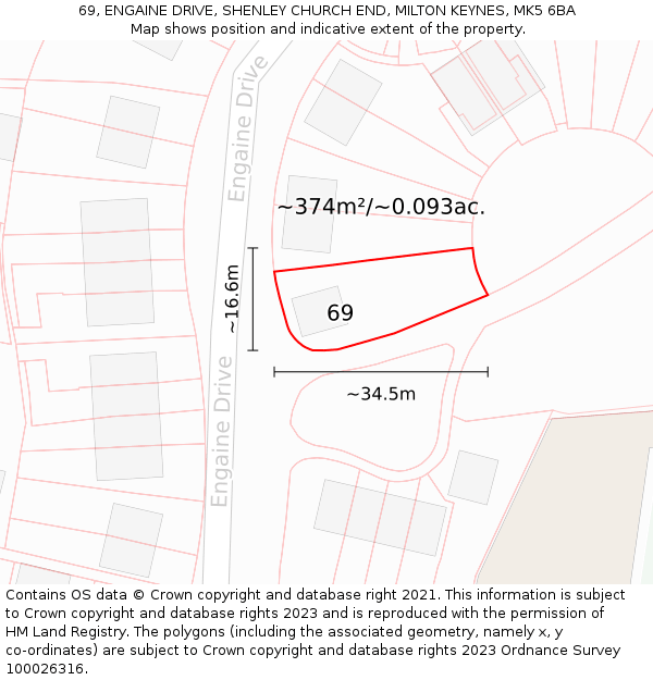 69, ENGAINE DRIVE, SHENLEY CHURCH END, MILTON KEYNES, MK5 6BA: Plot and title map