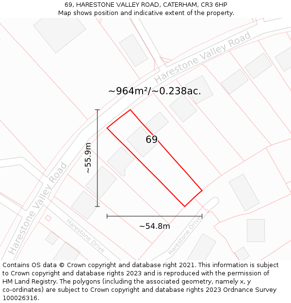 69, HARESTONE VALLEY ROAD, CATERHAM, CR3 6HP: Plot and title map