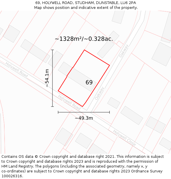 69, HOLYWELL ROAD, STUDHAM, DUNSTABLE, LU6 2PA: Plot and title map