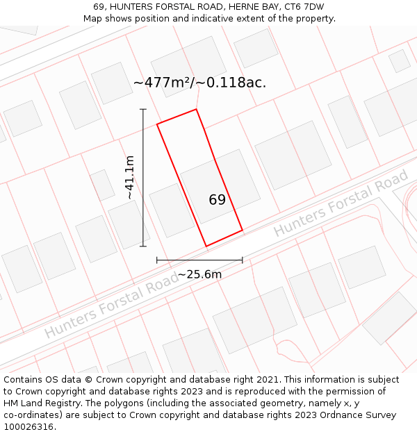 69, HUNTERS FORSTAL ROAD, HERNE BAY, CT6 7DW: Plot and title map