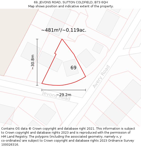 69, JEVONS ROAD, SUTTON COLDFIELD, B73 6QH: Plot and title map