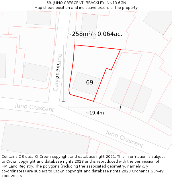 69, JUNO CRESCENT, BRACKLEY, NN13 6GN: Plot and title map