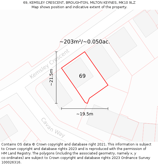 69, KEMSLEY CRESCENT, BROUGHTON, MILTON KEYNES, MK10 9LZ: Plot and title map