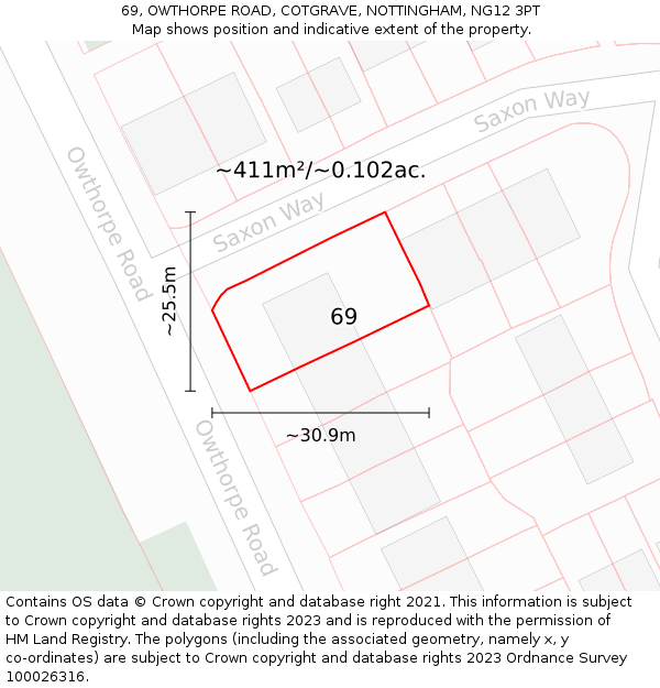 69, OWTHORPE ROAD, COTGRAVE, NOTTINGHAM, NG12 3PT: Plot and title map