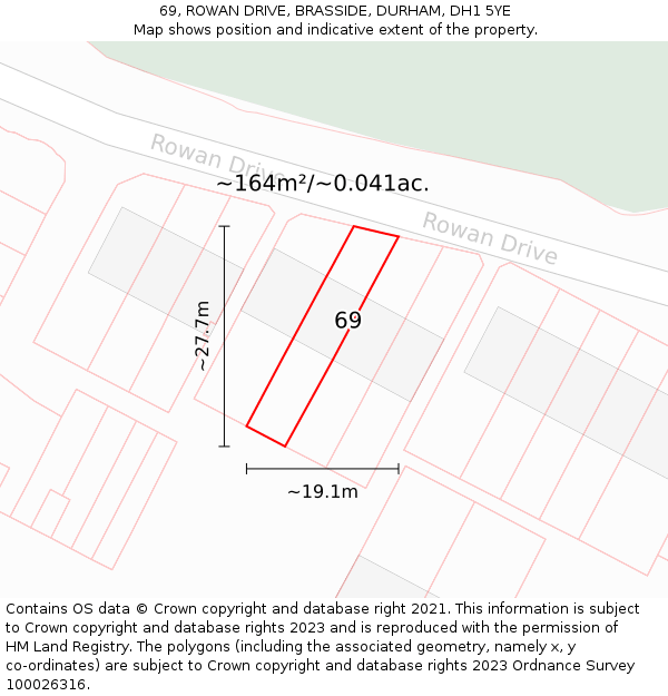 69, ROWAN DRIVE, BRASSIDE, DURHAM, DH1 5YE: Plot and title map