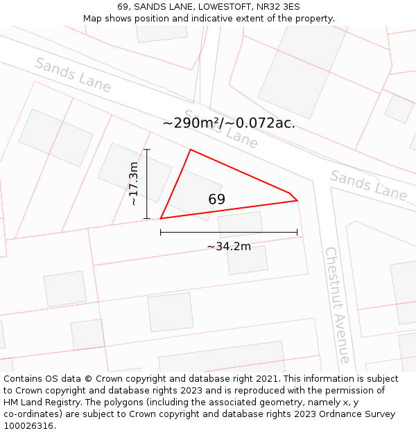 69, SANDS LANE, LOWESTOFT, NR32 3ES: Plot and title map