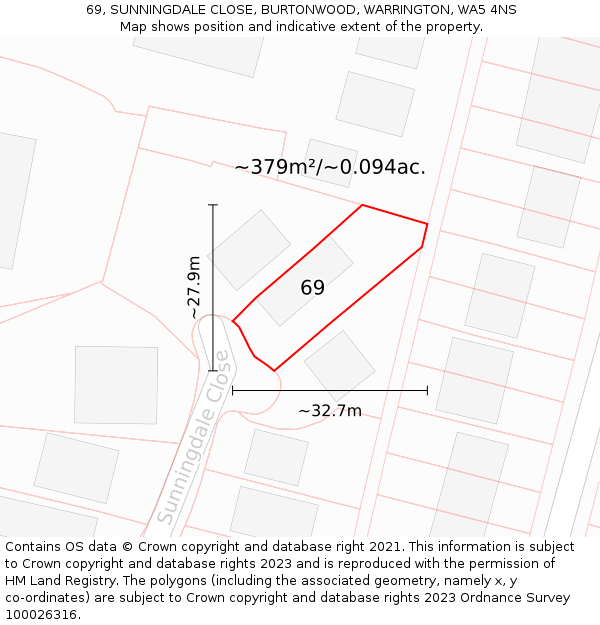 69, SUNNINGDALE CLOSE, BURTONWOOD, WARRINGTON, WA5 4NS: Plot and title map