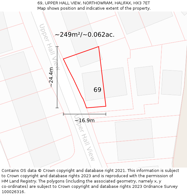 69, UPPER HALL VIEW, NORTHOWRAM, HALIFAX, HX3 7ET: Plot and title map