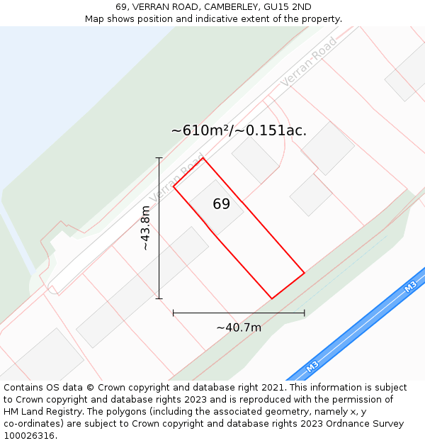 69, VERRAN ROAD, CAMBERLEY, GU15 2ND: Plot and title map