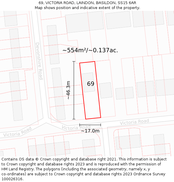 69, VICTORIA ROAD, LAINDON, BASILDON, SS15 6AR: Plot and title map