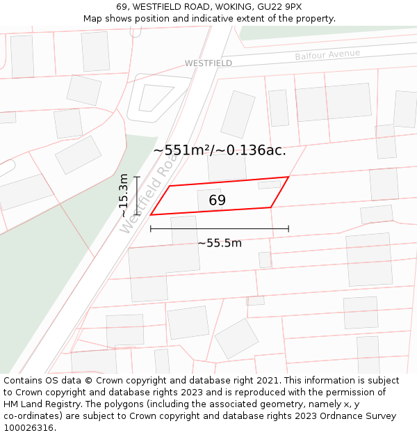 69, WESTFIELD ROAD, WOKING, GU22 9PX: Plot and title map