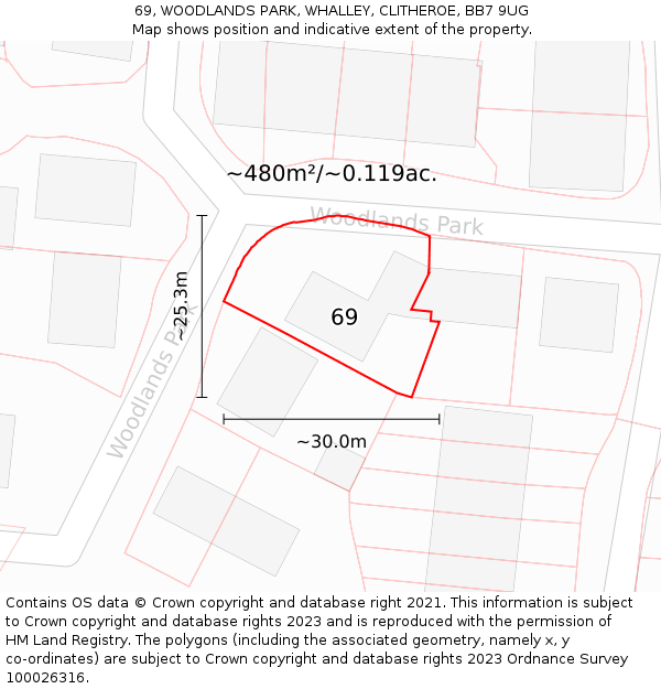 69, WOODLANDS PARK, WHALLEY, CLITHEROE, BB7 9UG: Plot and title map