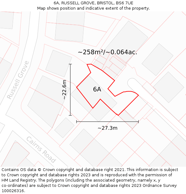 6A, RUSSELL GROVE, BRISTOL, BS6 7UE: Plot and title map