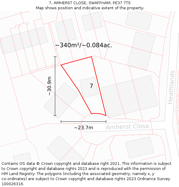 7, AMHERST CLOSE, SWAFFHAM, PE37 7TS: Plot and title map