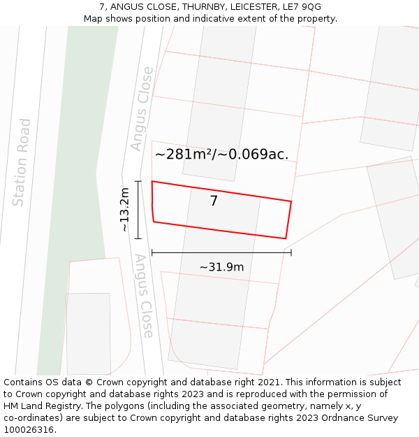 7, ANGUS CLOSE, THURNBY, LEICESTER, LE7 9QG: Plot and title map