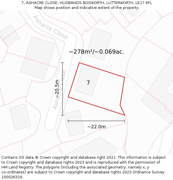 7, ASHACRE CLOSE, HUSBANDS BOSWORTH, LUTTERWORTH, LE17 6FL: Plot and title map