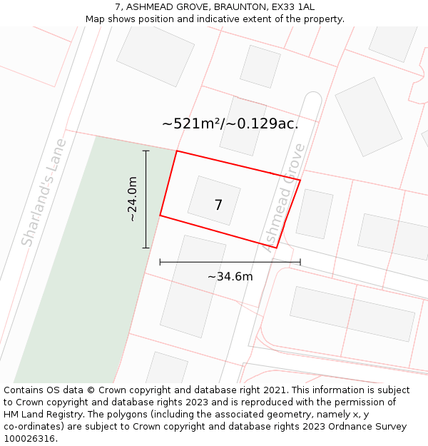 7, ASHMEAD GROVE, BRAUNTON, EX33 1AL: Plot and title map