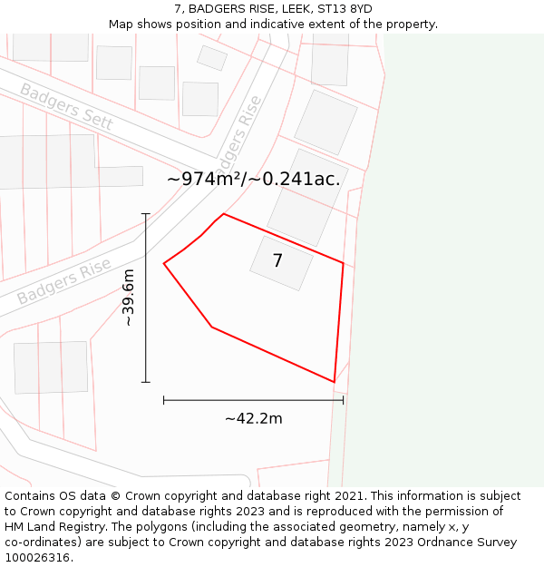 7, BADGERS RISE, LEEK, ST13 8YD: Plot and title map