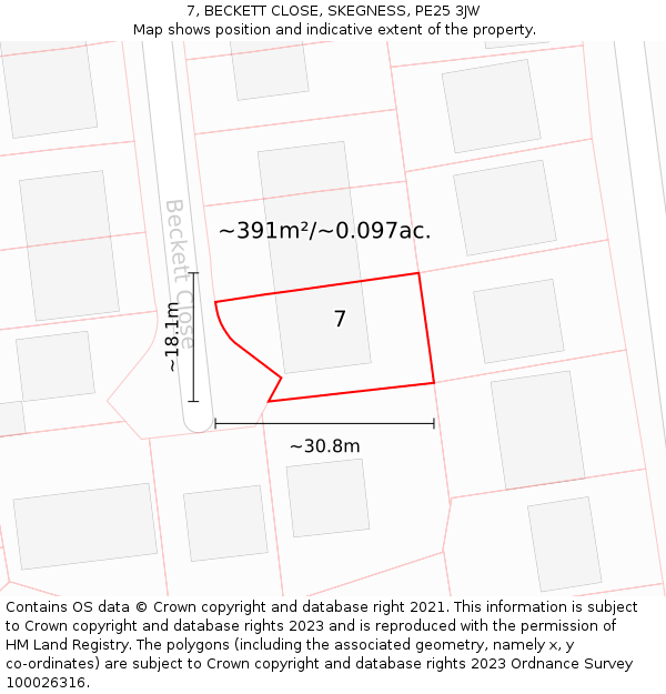 7, BECKETT CLOSE, SKEGNESS, PE25 3JW: Plot and title map