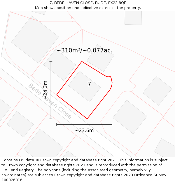 7, BEDE HAVEN CLOSE, BUDE, EX23 8QF: Plot and title map