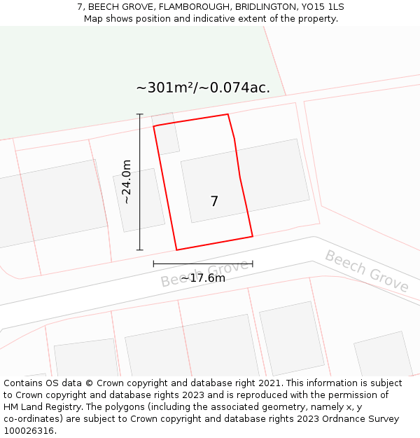 7, BEECH GROVE, FLAMBOROUGH, BRIDLINGTON, YO15 1LS: Plot and title map