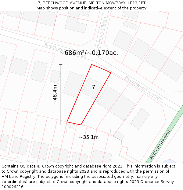 7, BEECHWOOD AVENUE, MELTON MOWBRAY, LE13 1RT: Plot and title map