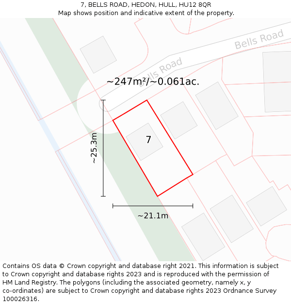 7, BELLS ROAD, HEDON, HULL, HU12 8QR: Plot and title map